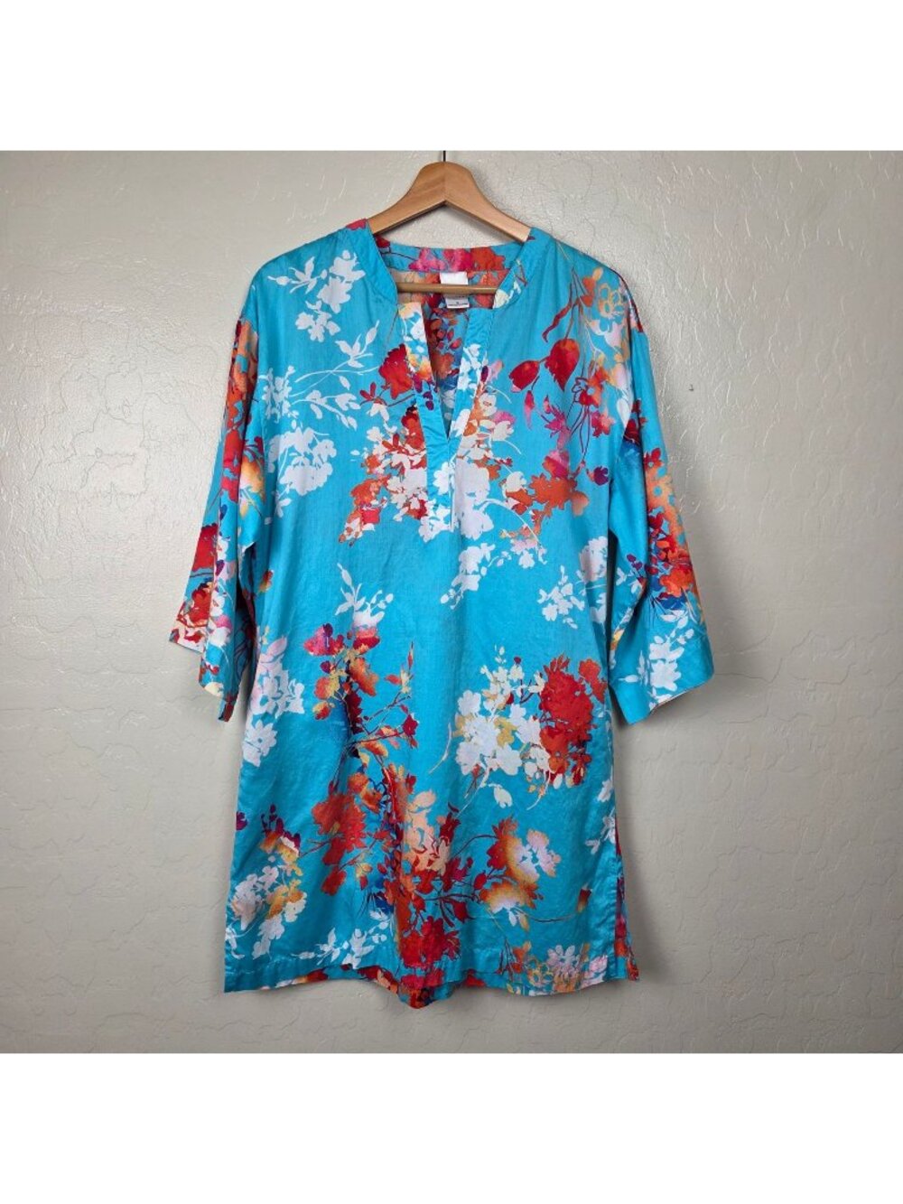 Natori Floral Cotton Split V-Neck Pajama Lounge Dress Tunic Blue Sz Small Resort